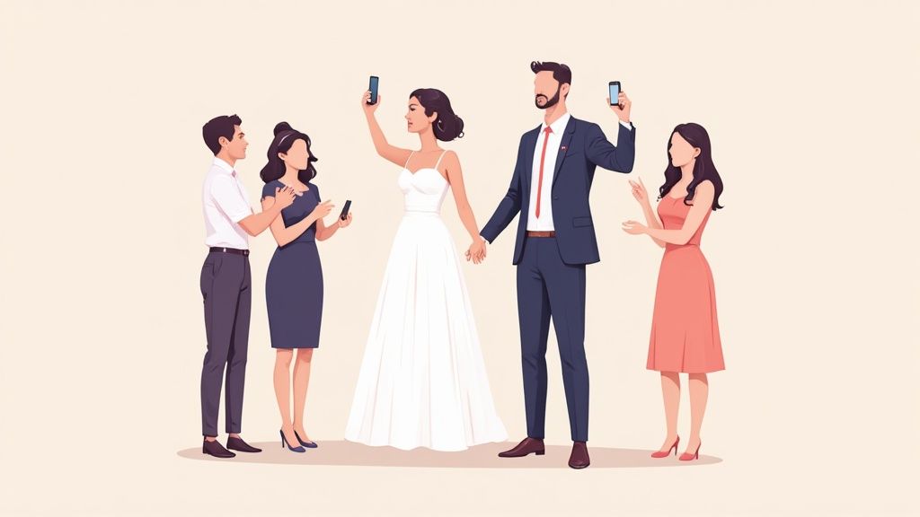 Newly married couple smiling and walking down the aisle as guests cheer and toss confetti.