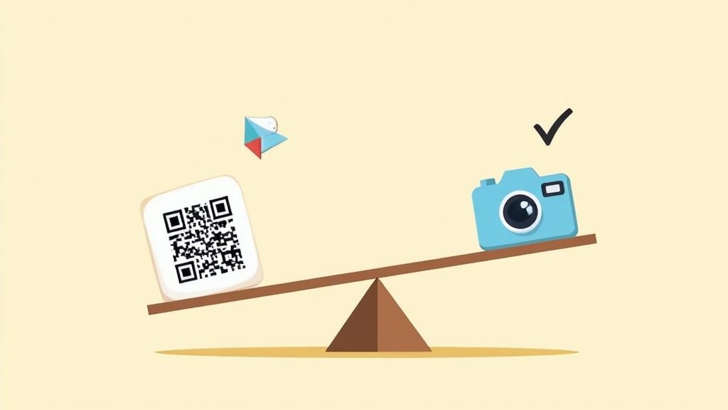 A person at an event happily scanning a QR code on a sign to upload photos.