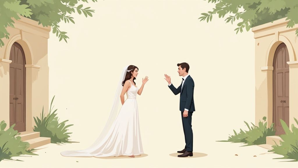 Bride and groom facing each other in elegant outdoor wedding venue with archways