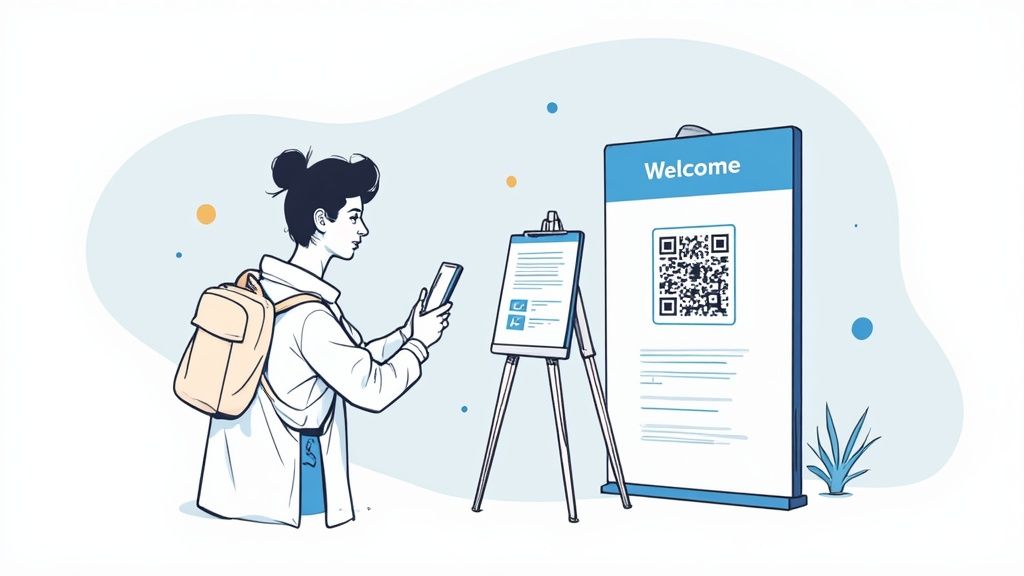 A guest scanning a QR code for event registration and photo sharing on their smartphone.