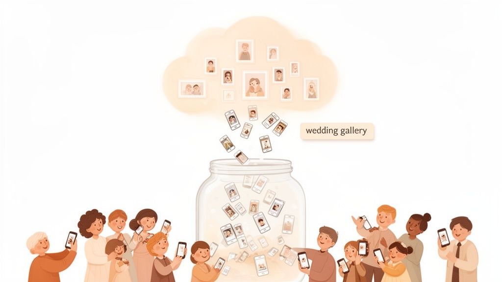 Diverse group of people uploading photos from smartphones to a shared wedding gallery cloud.