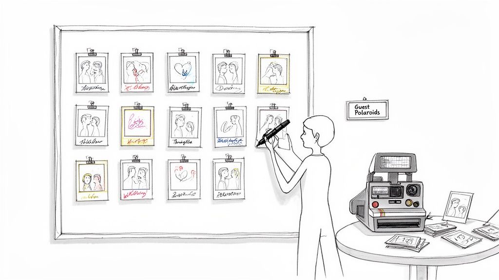 Person drawing on a guest photo displayed on a board, with an instant camera setup nearby.