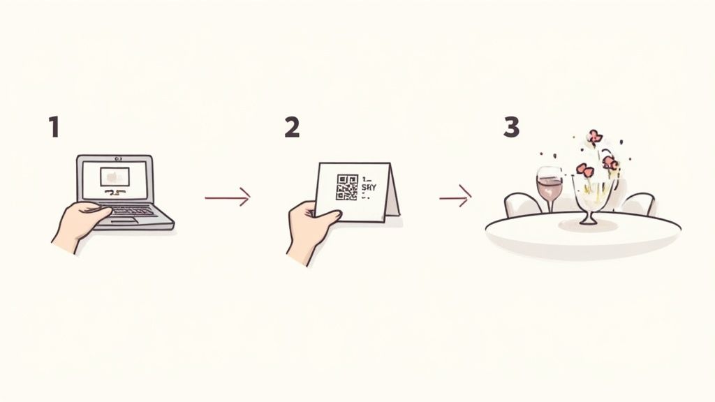 A person's hand holding a phone to scan a QR code at a wedding event.