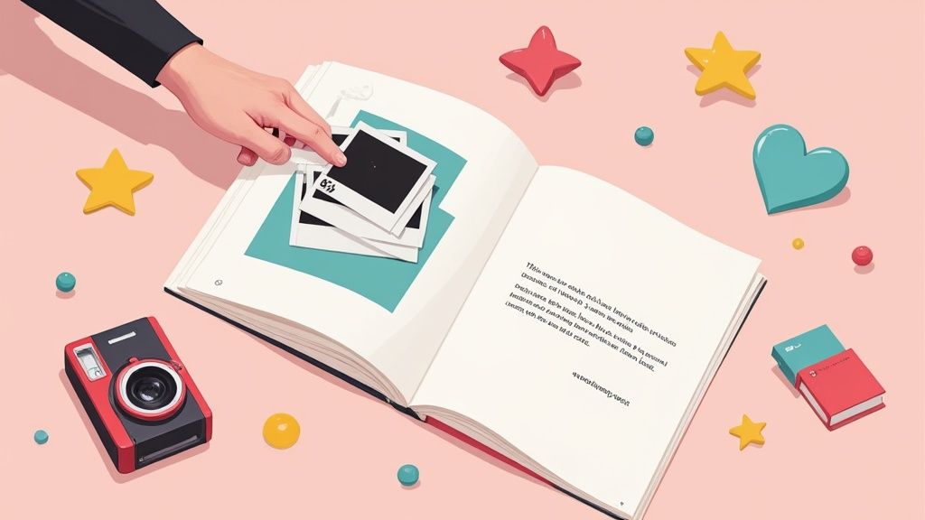 A hand places instant photos into an open scrapbook, surrounded by a camera and colorful decorations.