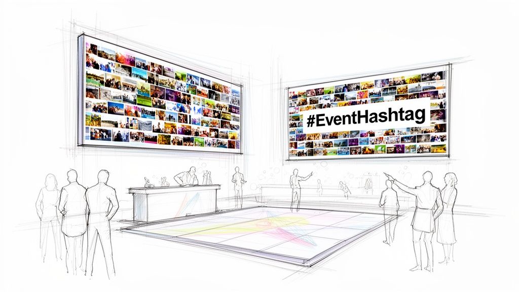 A sketched event space featuring two large digital screens displaying photo collages and a prominent event hashtag, with people gathered.