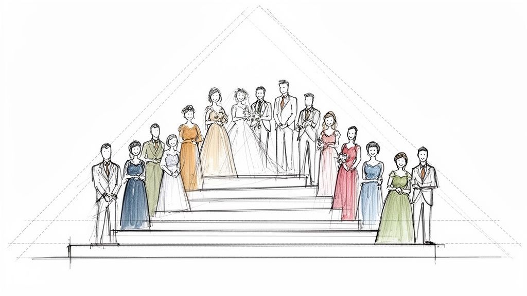 Illustration of a wedding party, including bride, groom, bridesmaids, and groomsmen, posed on stairs.