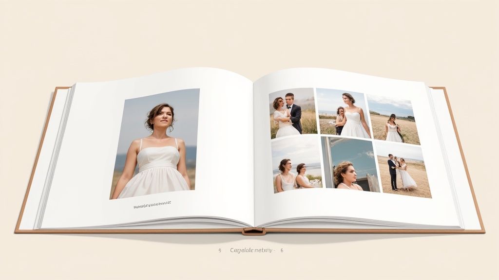 An open wedding album showcasing beautiful photos of a bride and a happy couple outdoors.