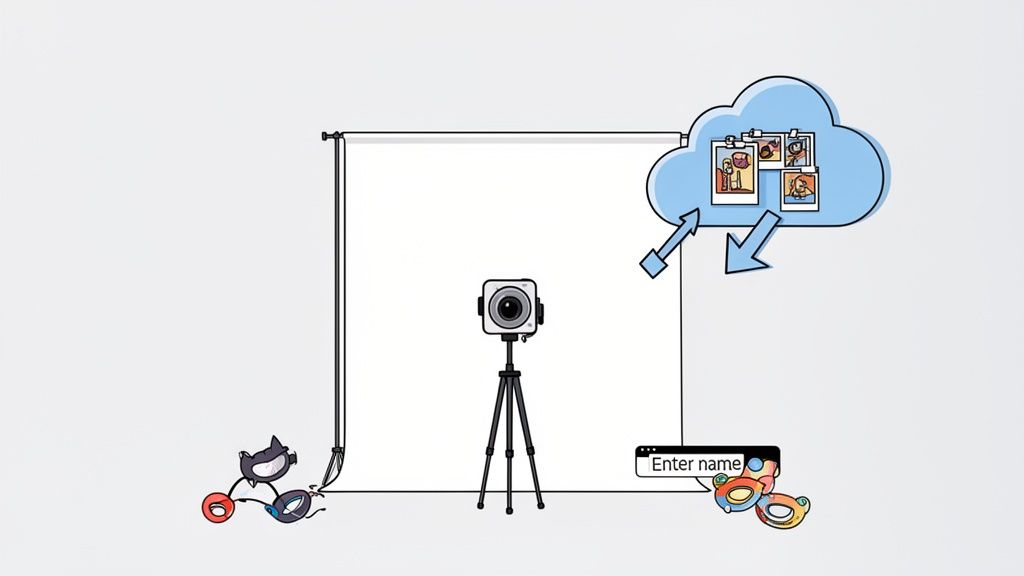 A photo booth setup with a camera on a tripod, cloud storage for photos, and an 'Enter name' prompt.