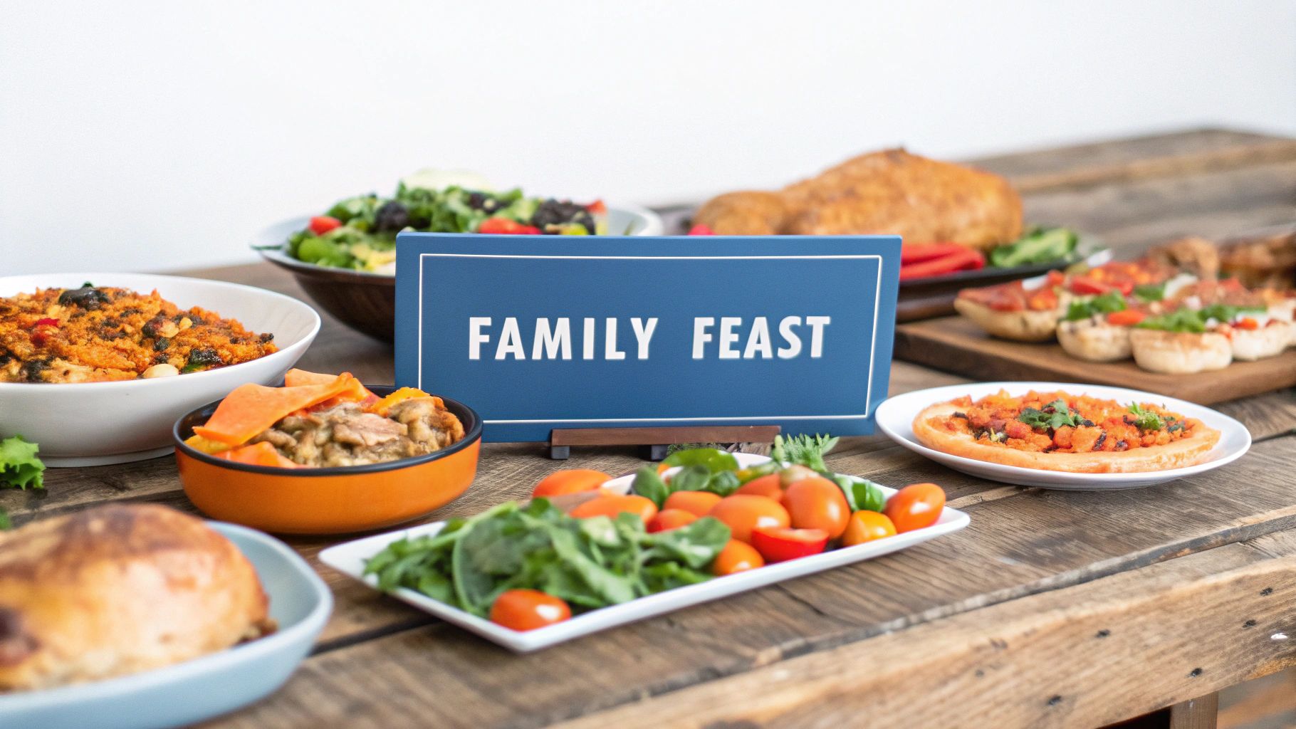 A family gathered around a table laden with food for a reunion meal.