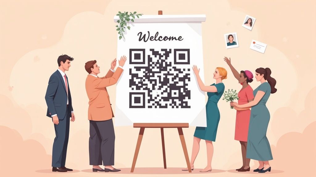 A QR code for a wedding photo gallery displayed on a sign at a wedding venue.