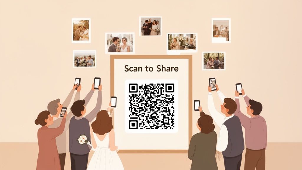 Guests at a wedding using smartphones to scan a QR code for easy photo sharing.