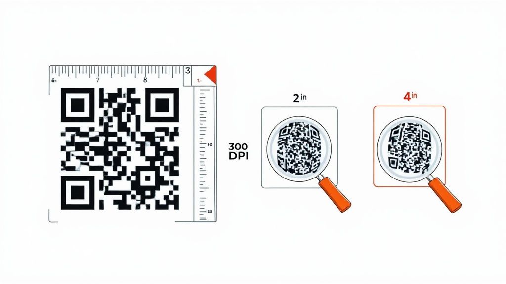 A detailed image comparing QR code quality, showing a reference at 300 DPI and magnified versions at 2 and 4 inches.
