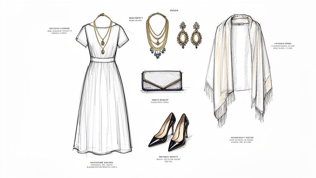 An elegant wedding guest outfit including a white dress, gold jewelry, black heels, and a shawl.