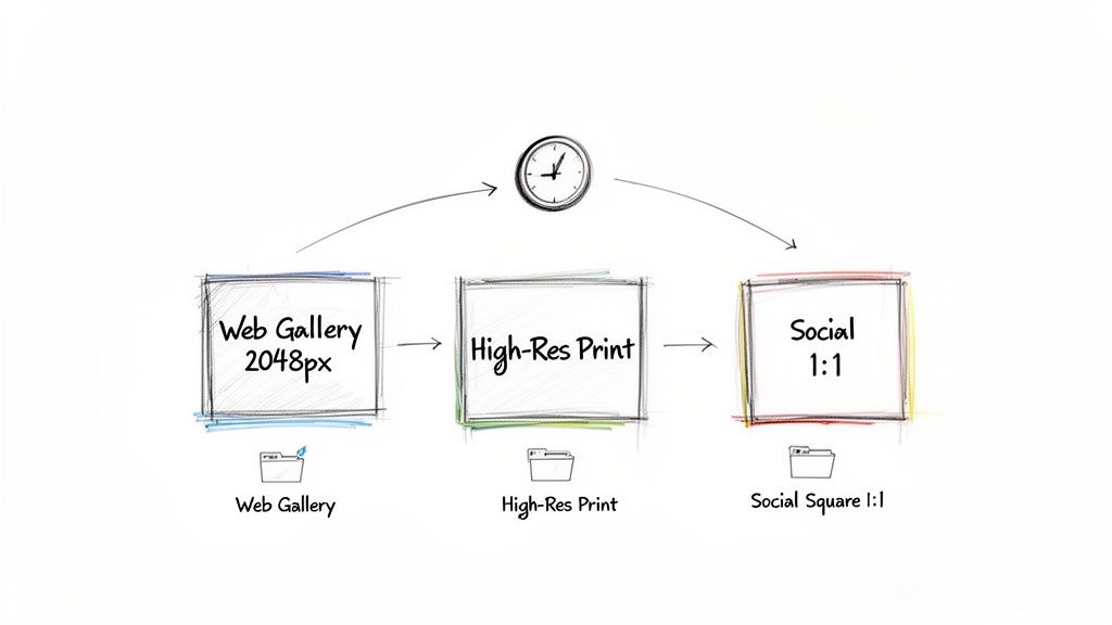A workflow diagram illustrating exporting photos for web galleries, high-resolution prints, and social media.