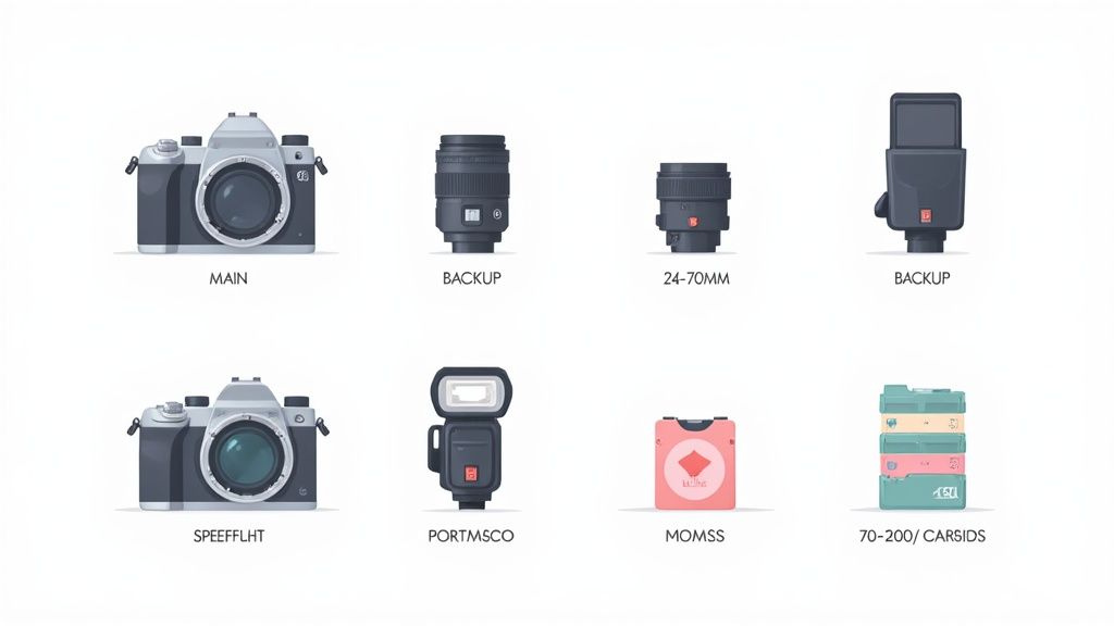 A grid of different essential photography equipment including cameras, lenses, flashes, and accessories.