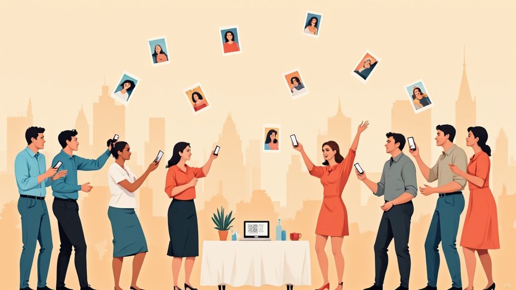 A bride and groom smiling as guests throw confetti during their wedding ceremony.
