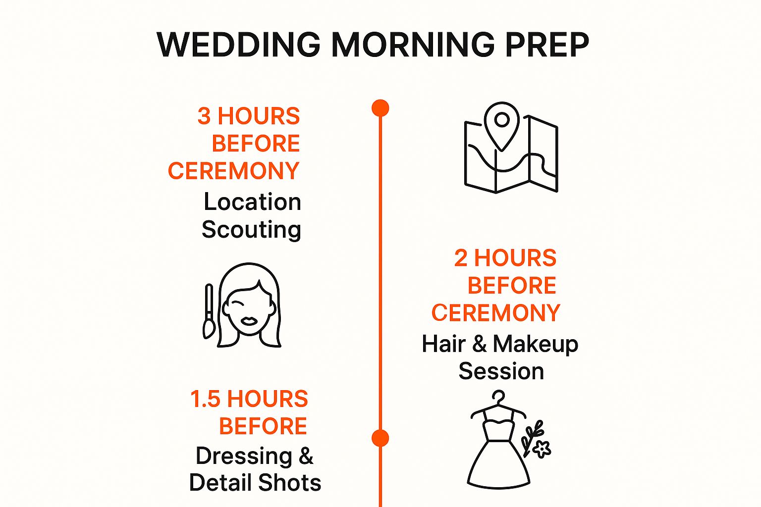 Infographic showing a timeline of wedding morning prep, with stages at 3 hours, 2 hours, and 1.5 hours before the ceremony.