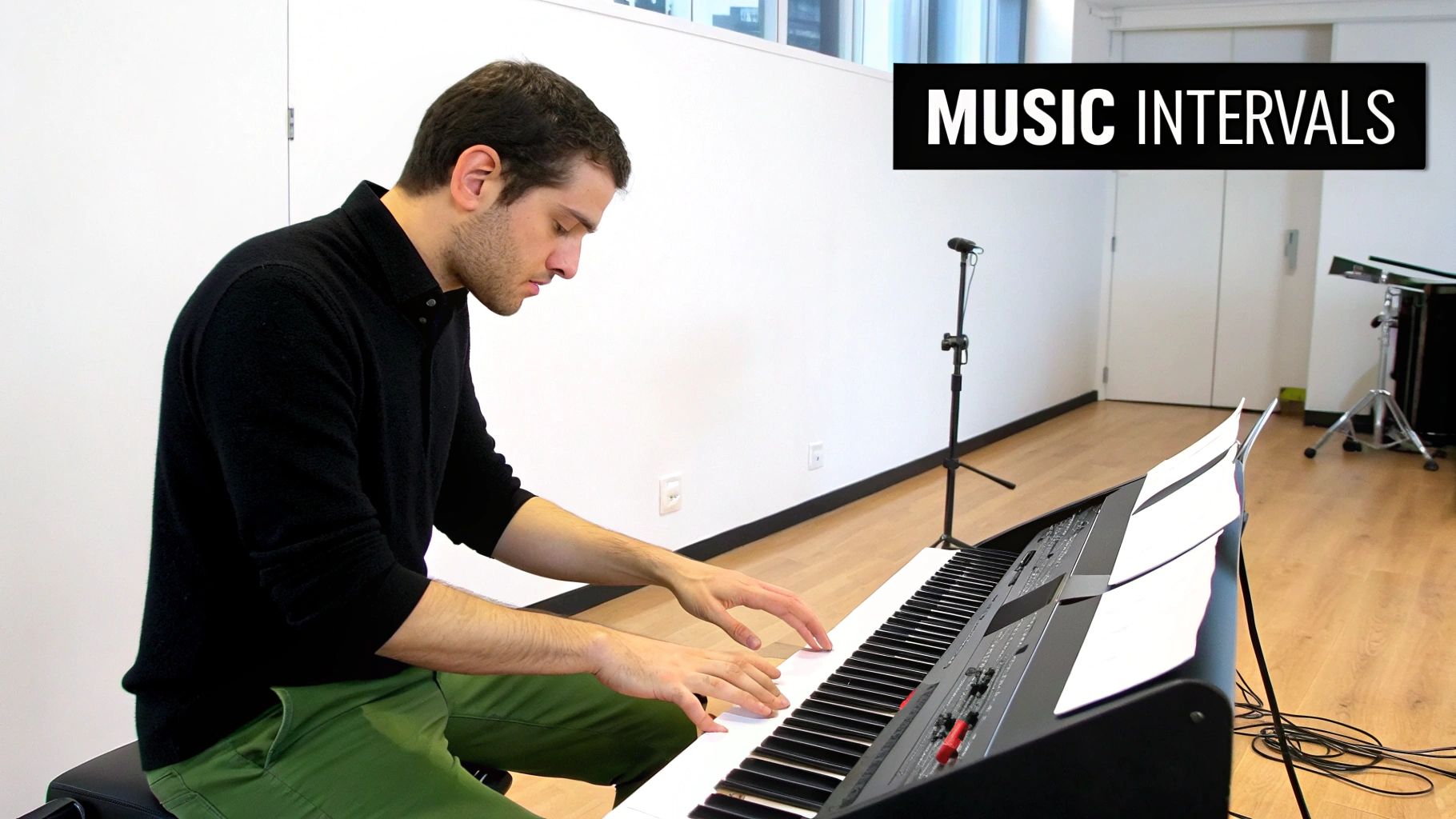 A person's hand playing notes on a piano, symbolizing the creation of musical intervals