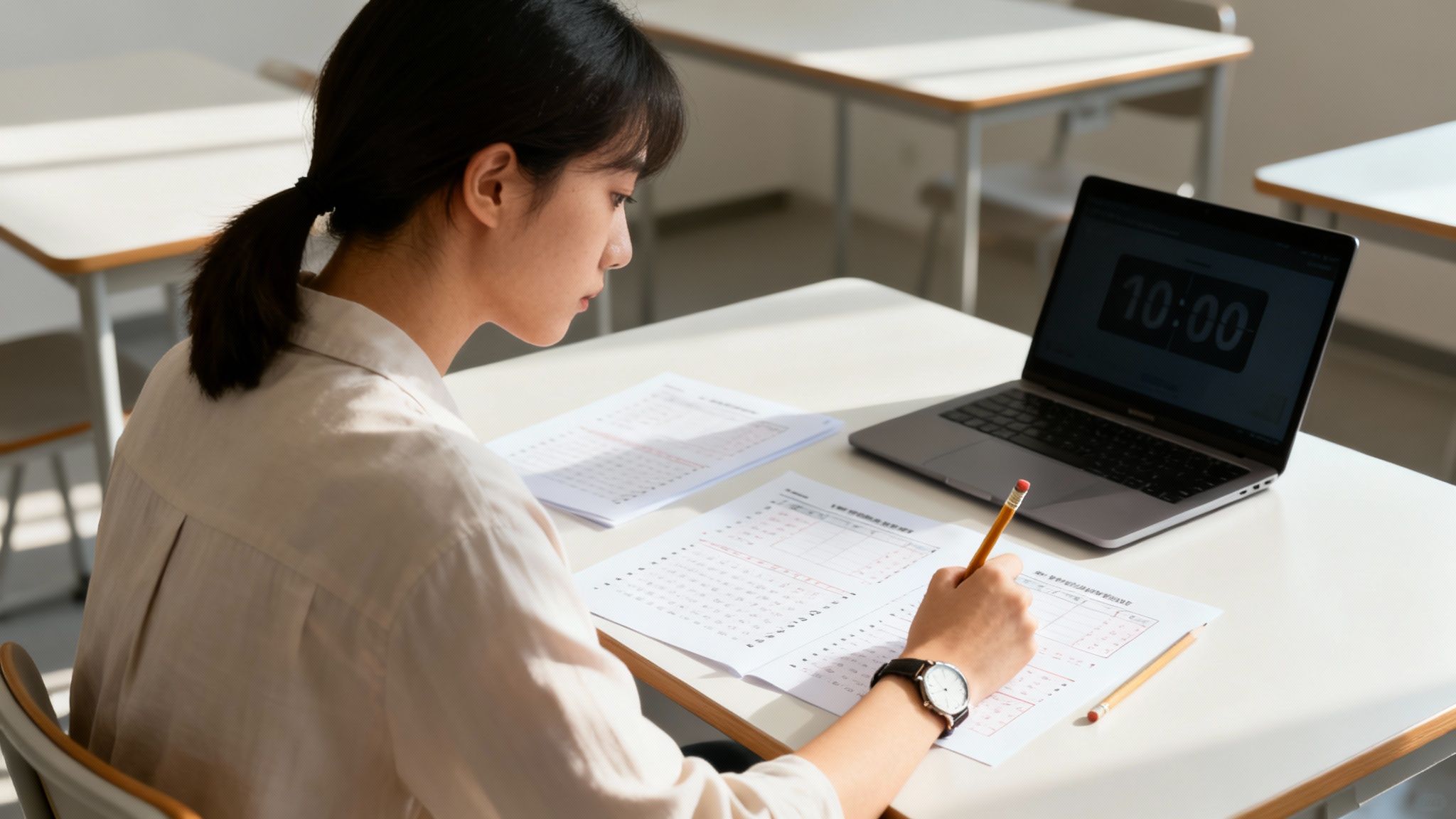 A bright and modern image of a Young Asian woman in a classroom setting, focused on filling out an answer sheet during an exam.