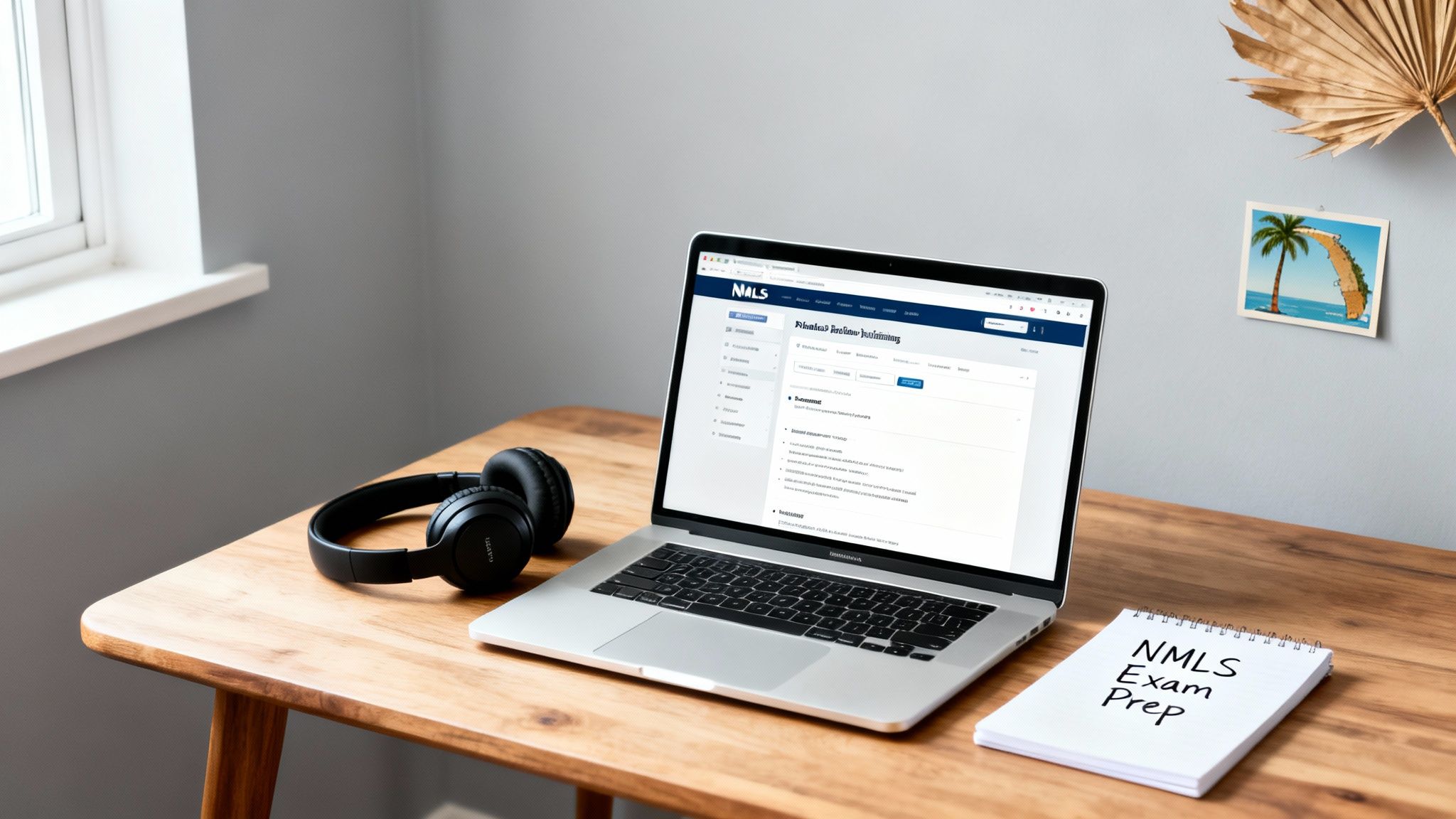 A laptop displays the NMLS website for mortgage lender license exam preparation, alongside headphones and a notebook.