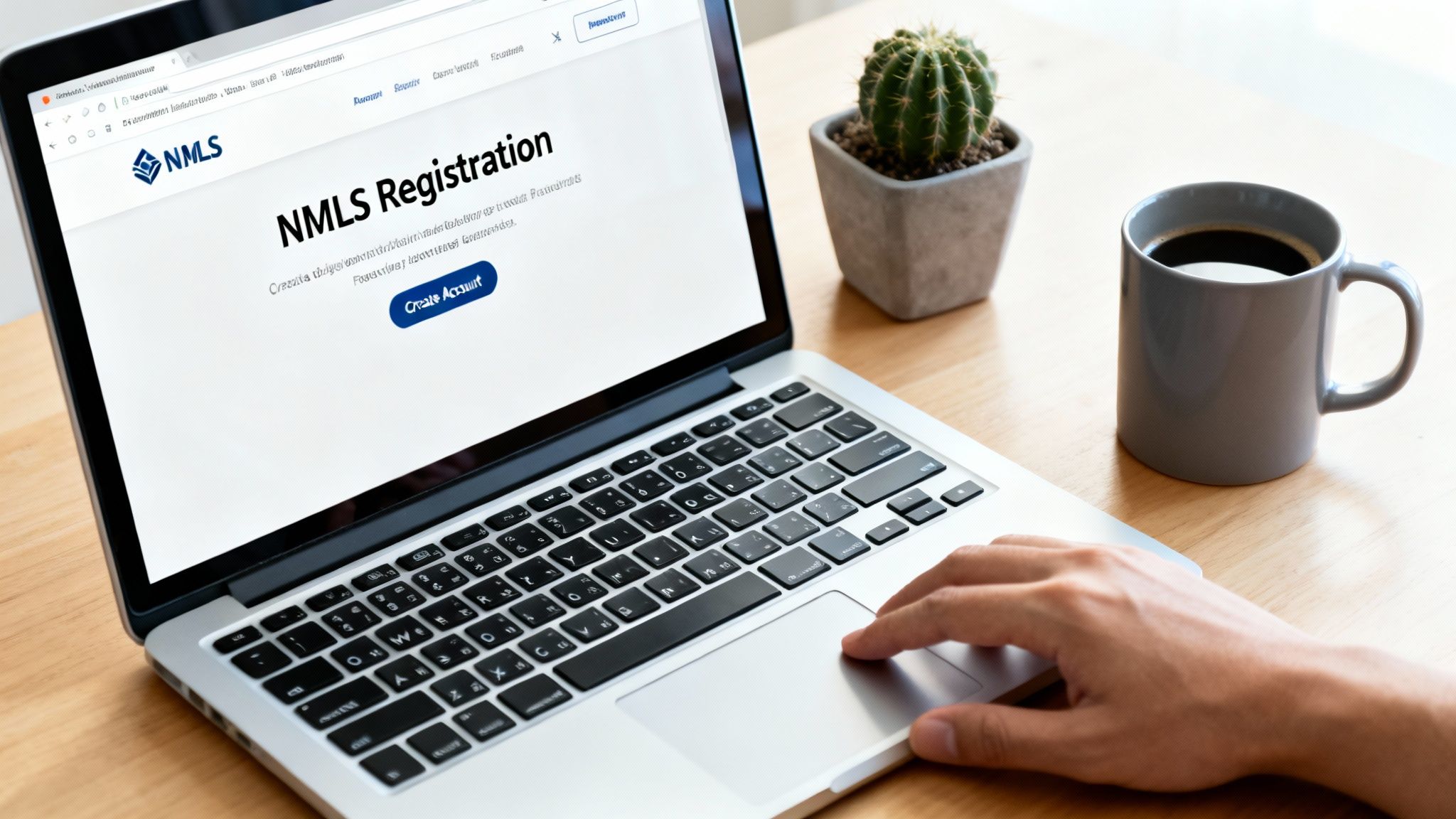 A person uses a laptop displaying the NMLS Registration page with a 'Create Account' button.