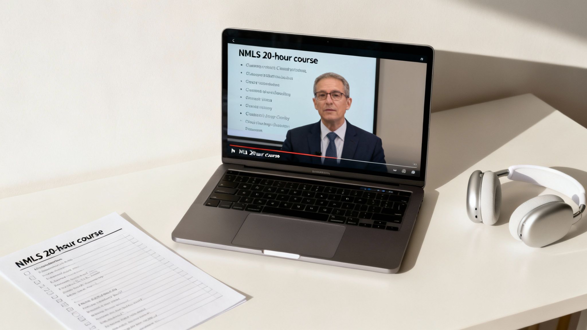 A professional woman sitting at a modern desk, attentively watching a presentation on her laptop in a bright, well-lit room.