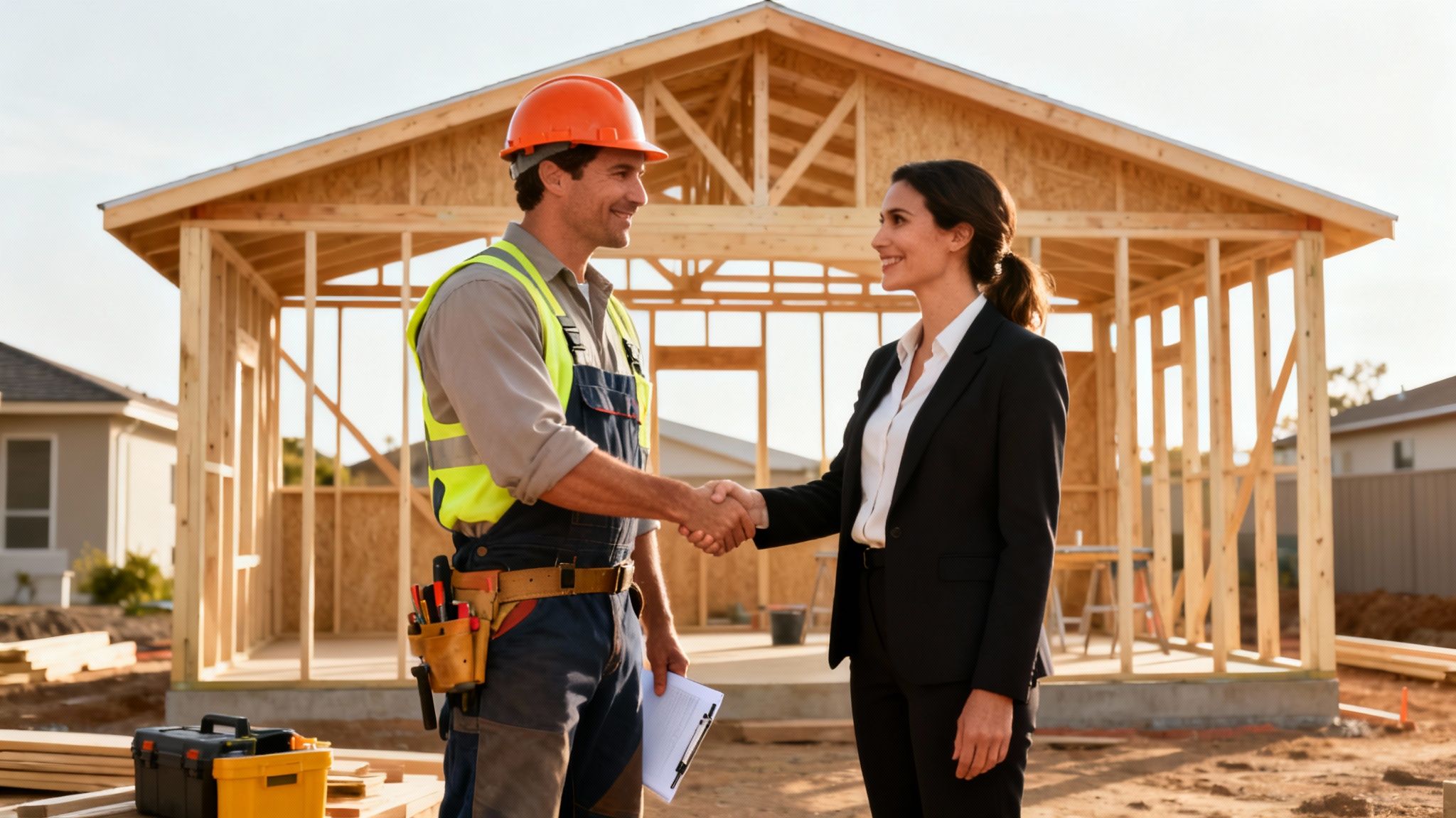 Construction worker in hard hat and safety vest shaking hands with a businesswoman at a new house construction site.