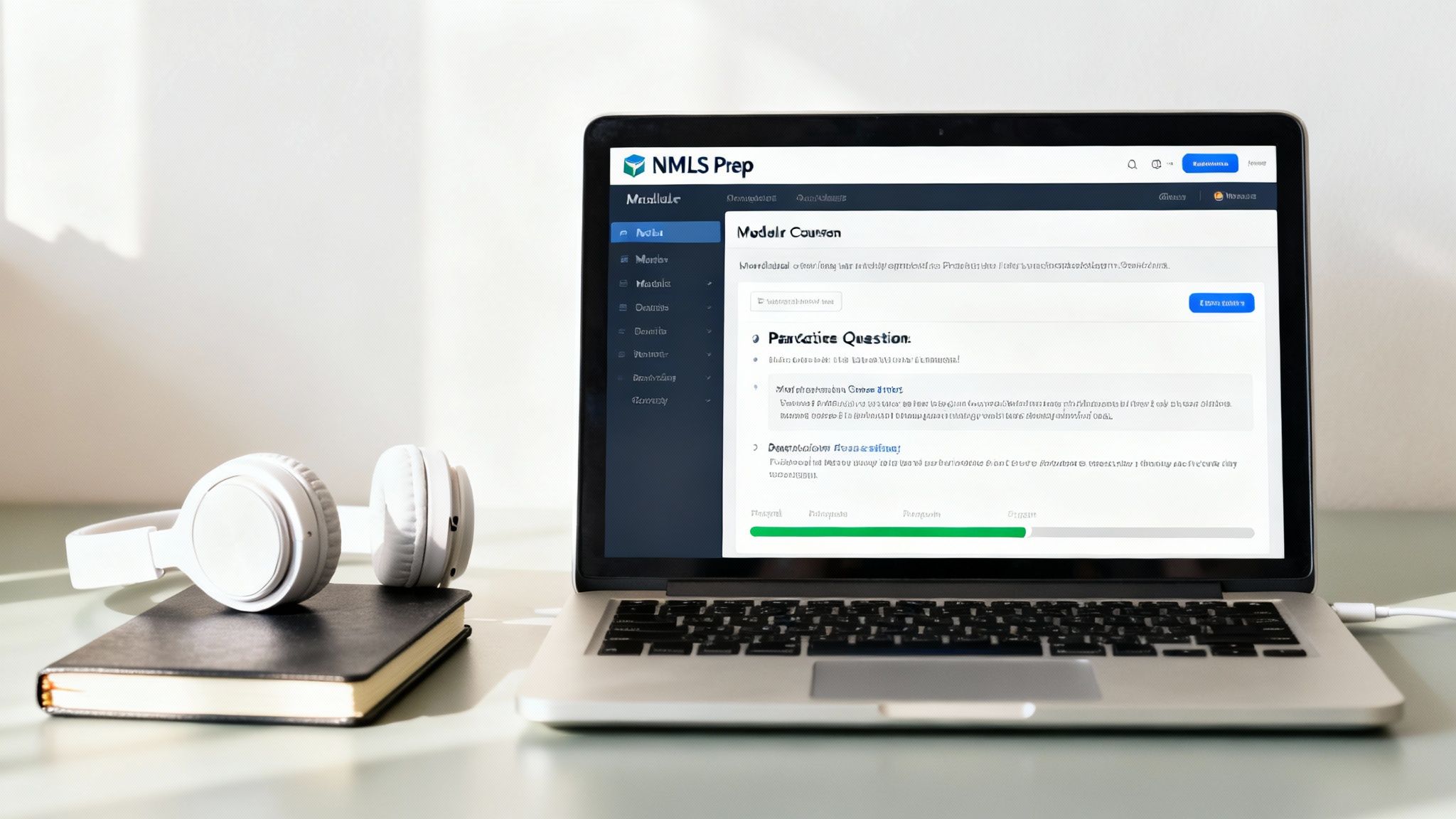 Laptop displaying NMLS Prep online course interface with practice questions and study materials on desk