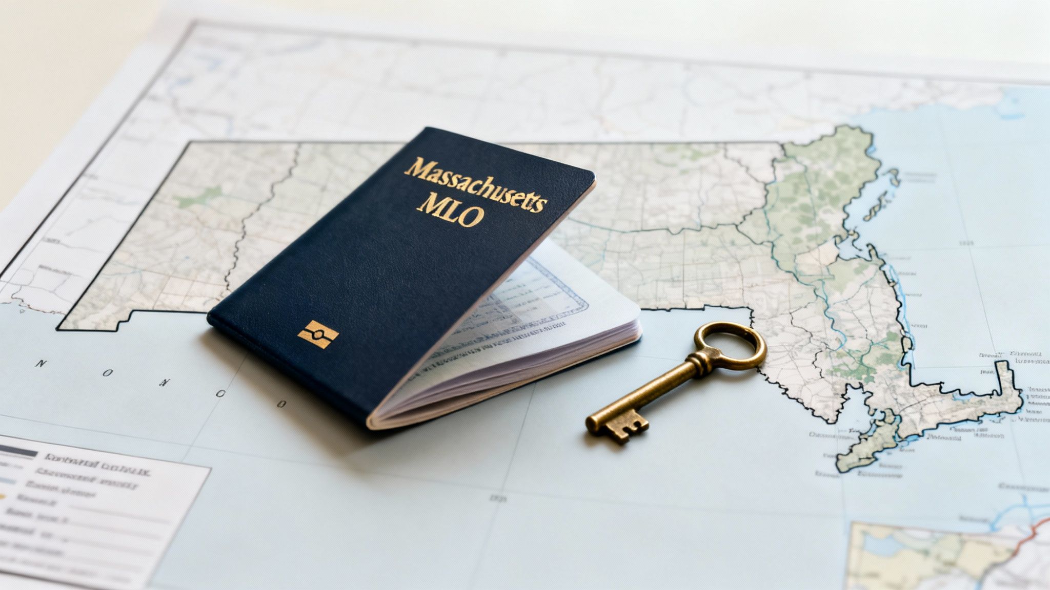 A dark blue booklet labeled "Massachusetts MLO" and a brass key rest on a map.