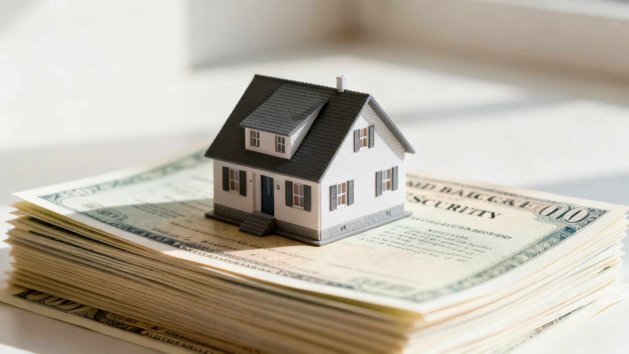 A miniature house model sits on a stack of financial documents, symbolizing real estate investment and housing finance.