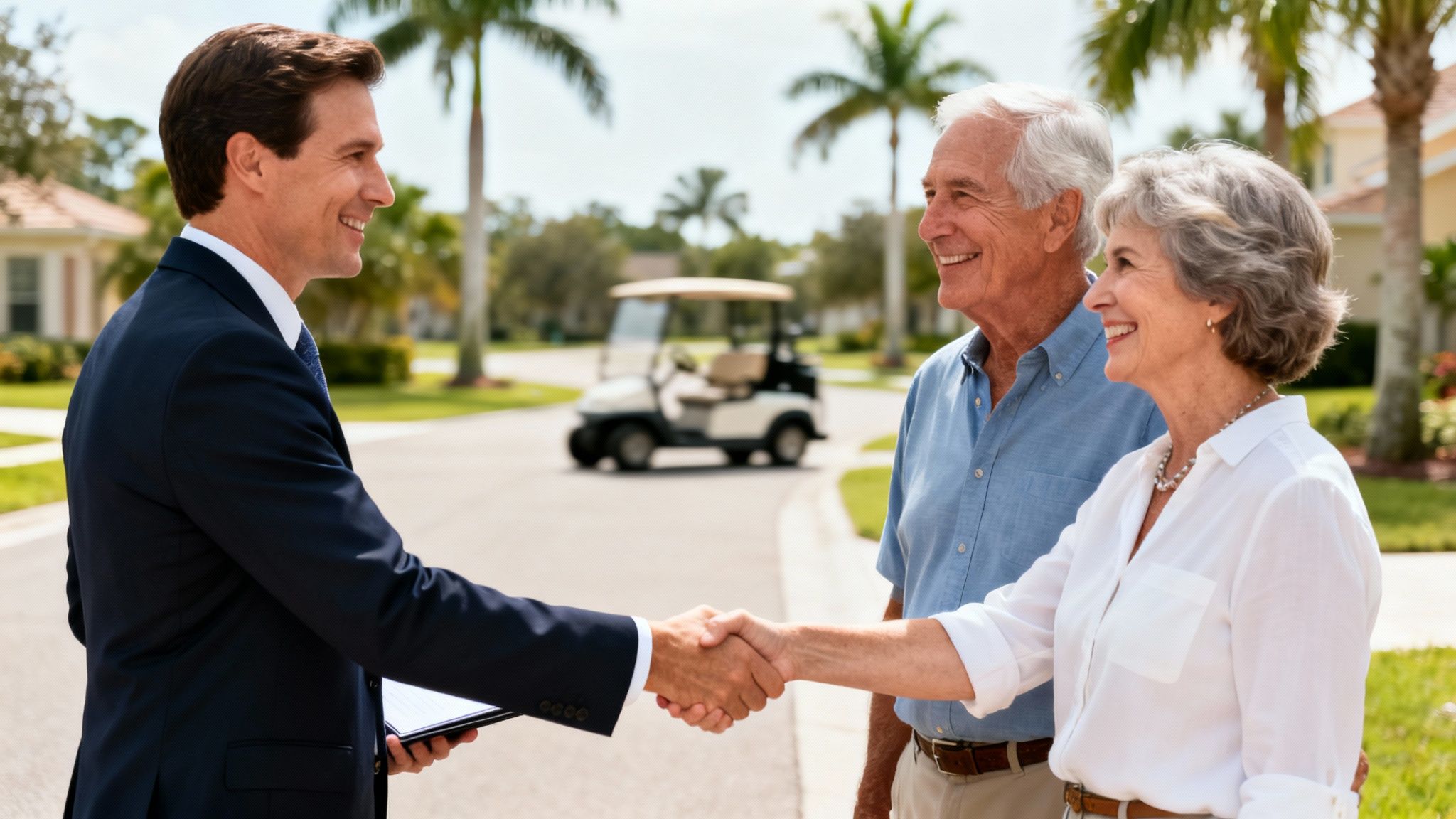 Smiling real estate agent shaking hands with a happy senior couple in a sunny neighborhood.