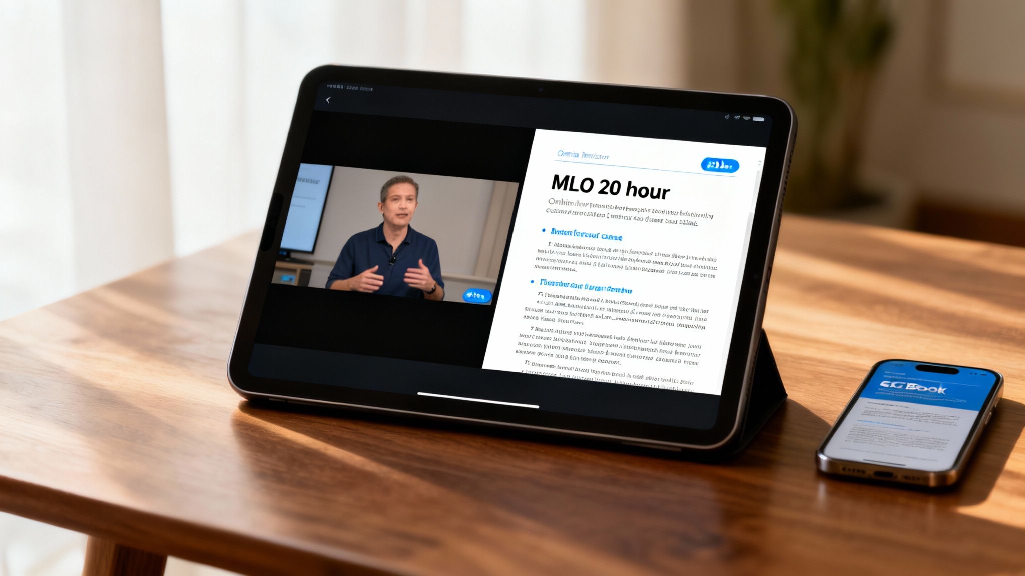 Online MLO 20-hour course on a tablet and smartphone resting on a wooden desk.