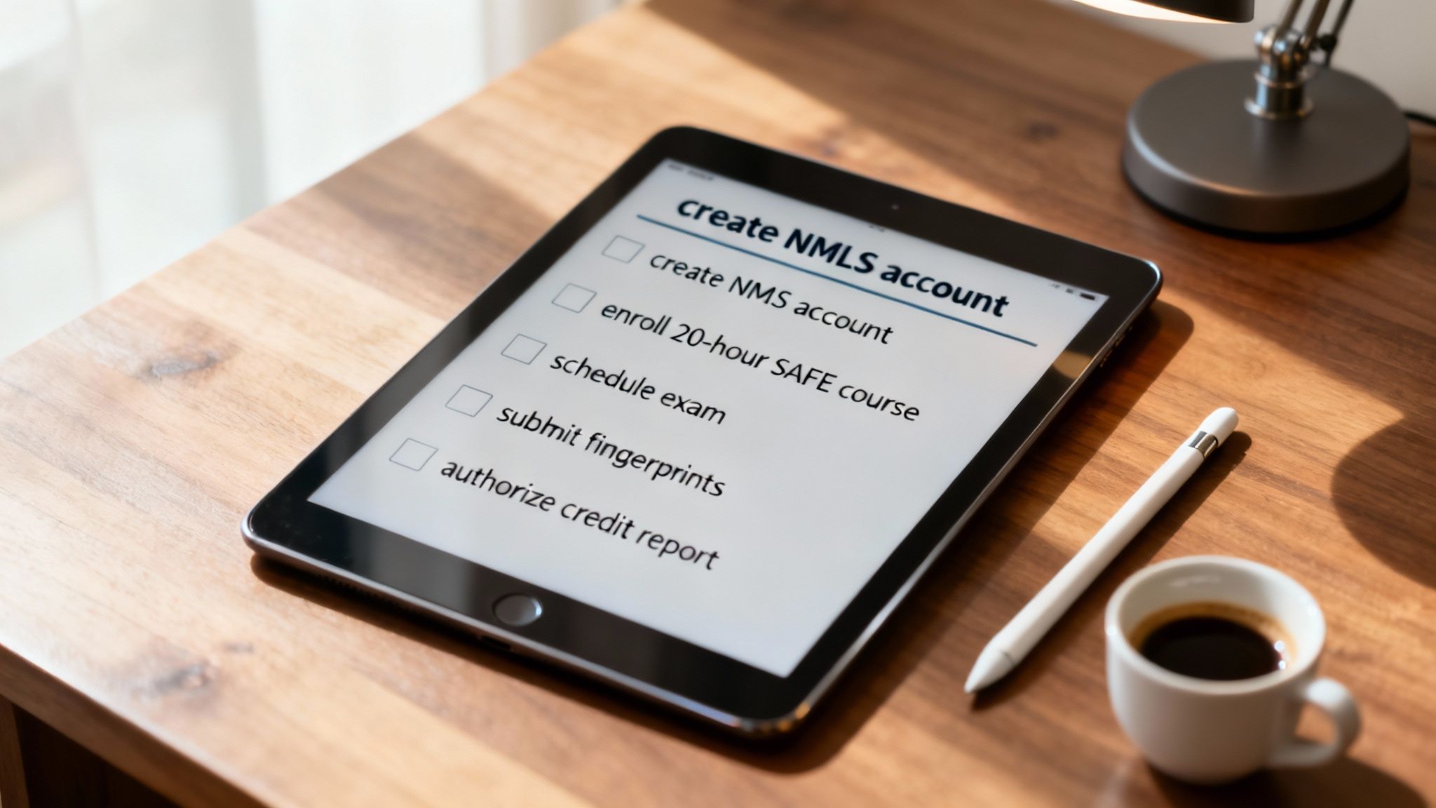 A person at a desk checking off items on a digital checklist, symbolizing a clear plan to get an MLO license.