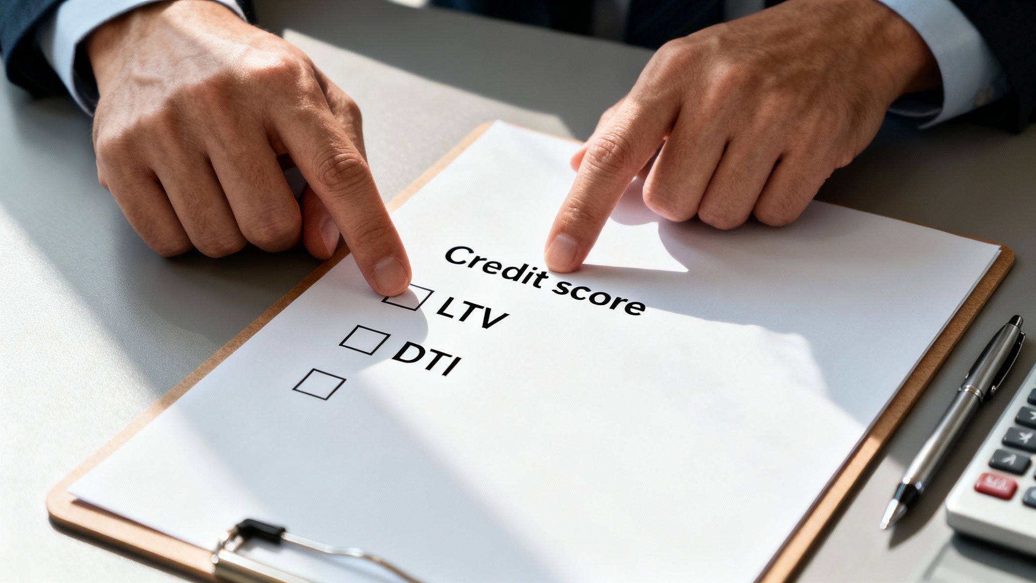 Hands point at a financial checklist on a clipboard with 'Credit score' checked, showing credit factors.