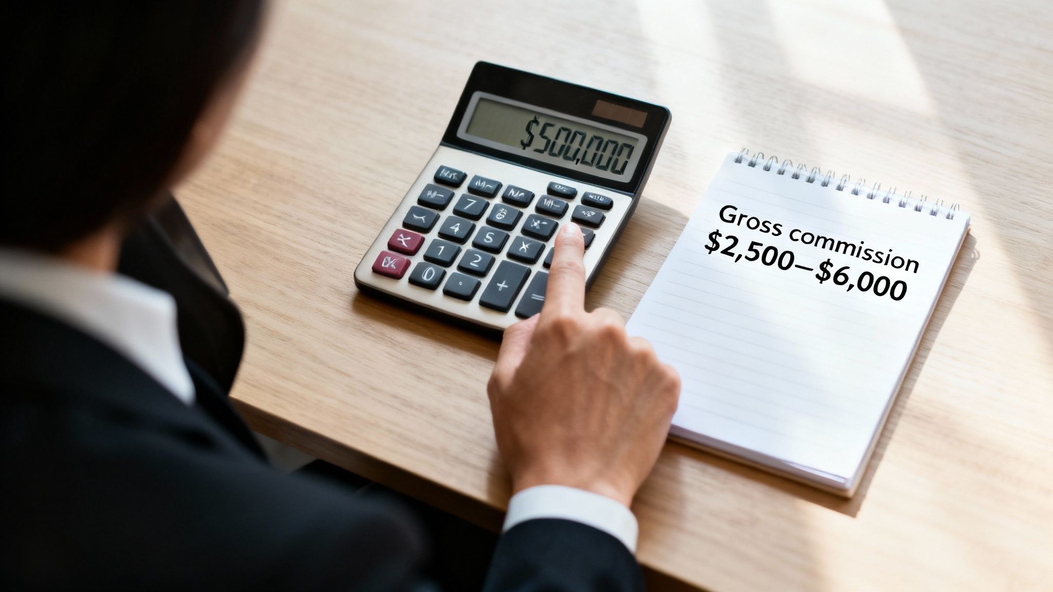 A person calculates a $500,000 loan commission on a calculator, next to a notebook with gross commission range.
