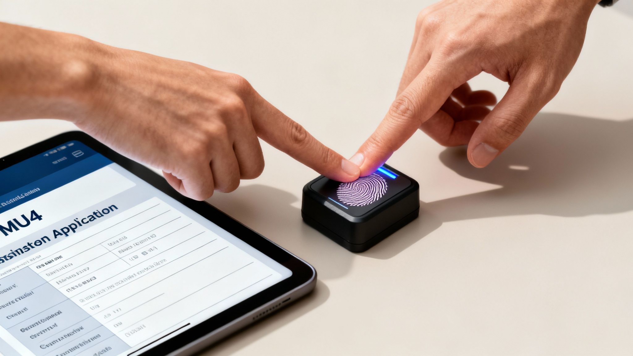 Hands authenticating on a biometric fingerprint scanner while viewing an application on a tablet.