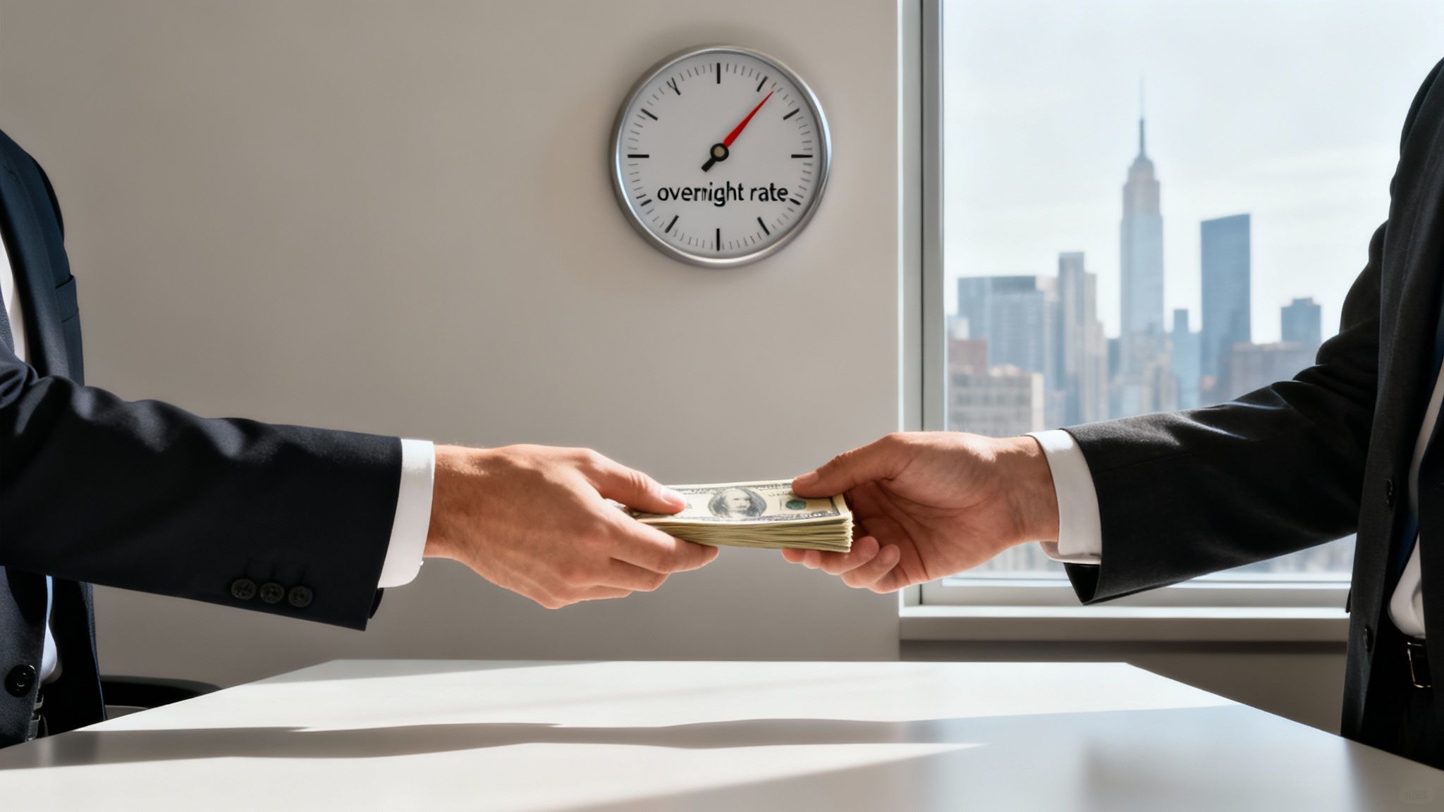 Two business people exchanging money, with a clock showing 'overnight rate' and a city skyline.
