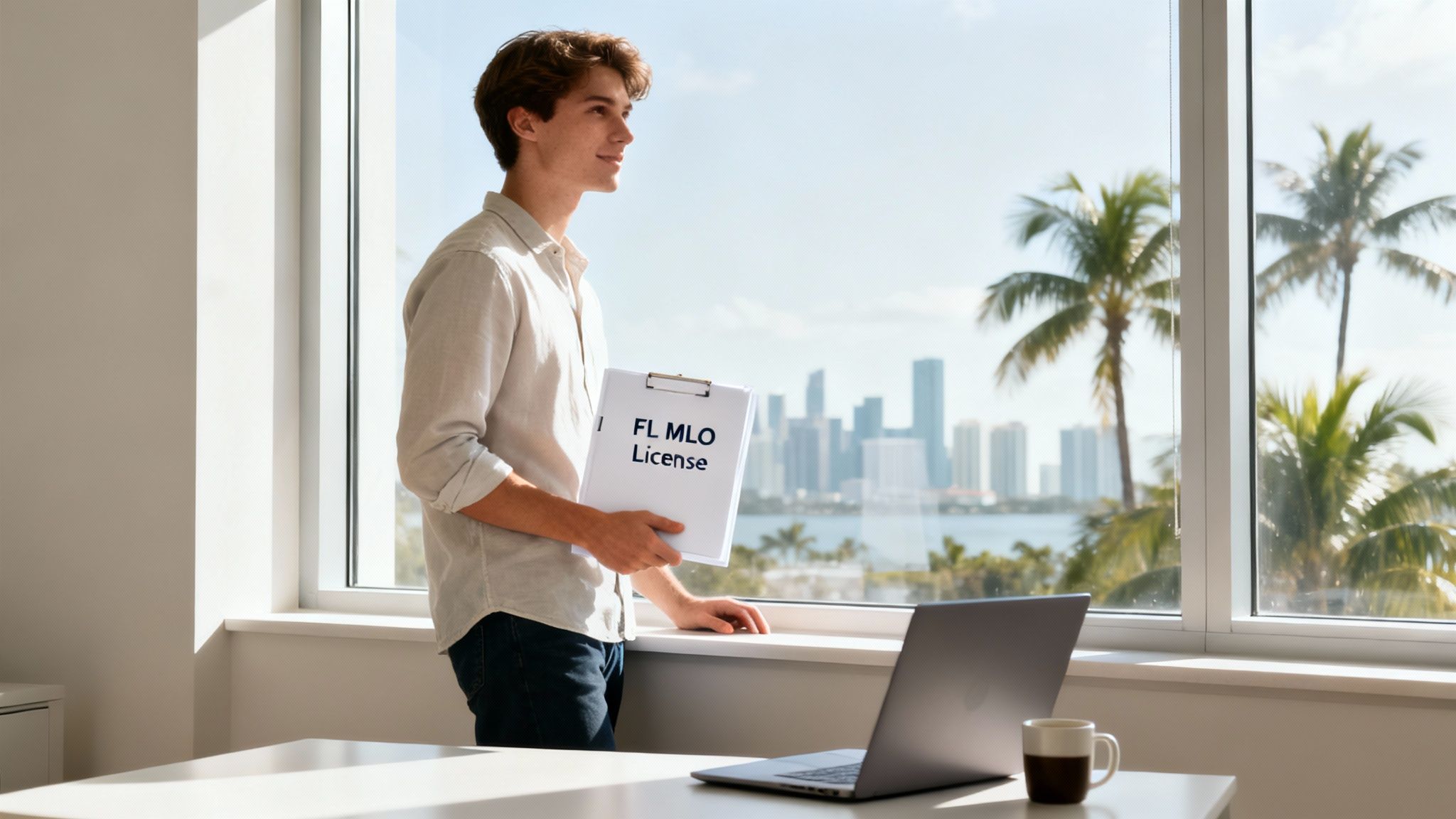 A young man holds a "FL MLO License" clipboard, looking out a window at a Florida skyline.