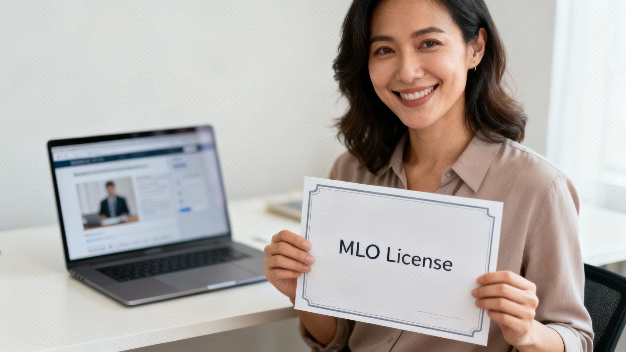 A smiling Asian woman proudly holds up an MLO License certificate, with a laptop in the background.