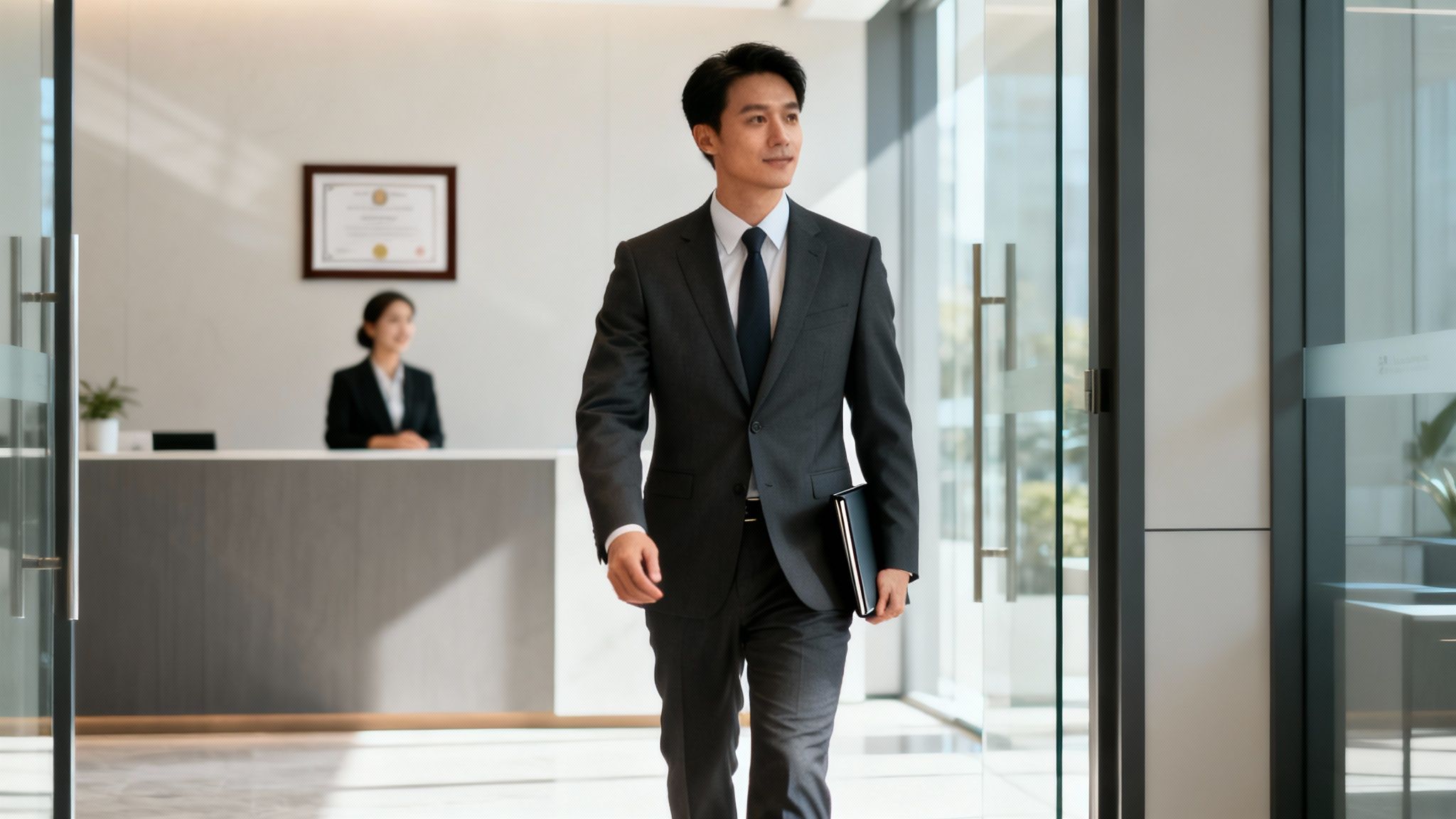 A professional man in a dark suit walks through a modern office building, holding a folder.