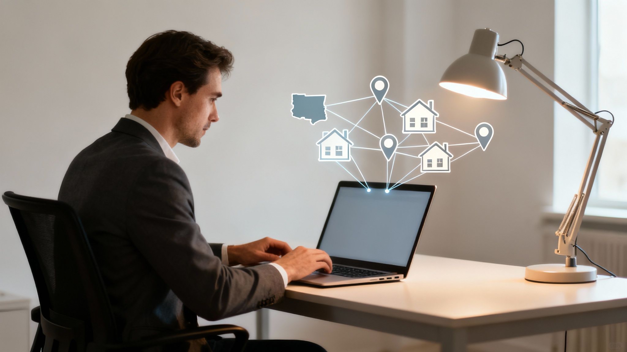 A person looking at a digital map on a tablet, with connection lines between different states, symbolizing a nationwide business.