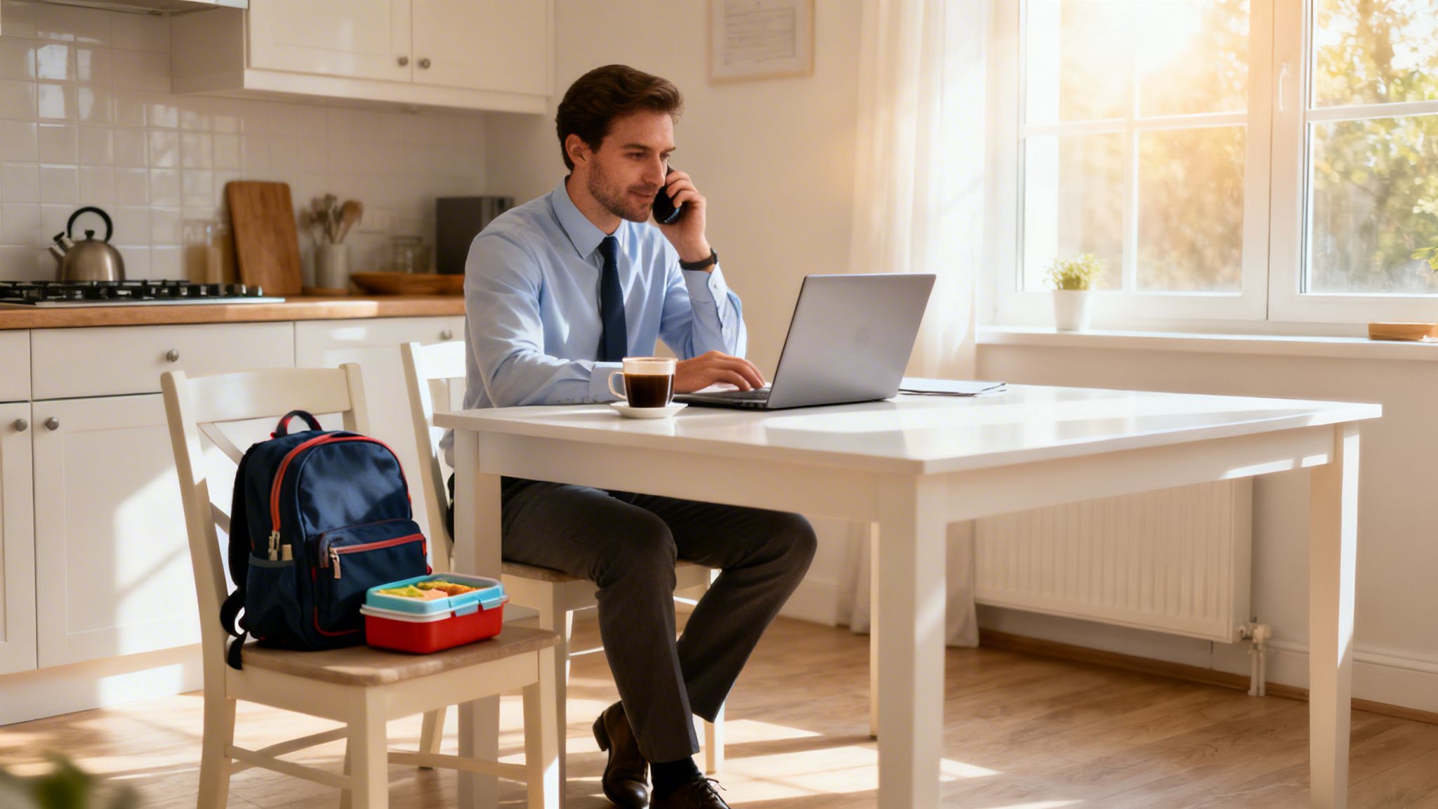 Professional man works remotely at a white table in his sunny kitchen, on a call.