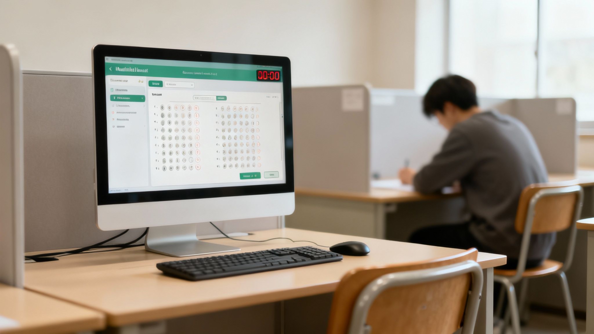 A student takes an online test on a computer with a multiple-choice answer sheet shown, while another student writes in the background.