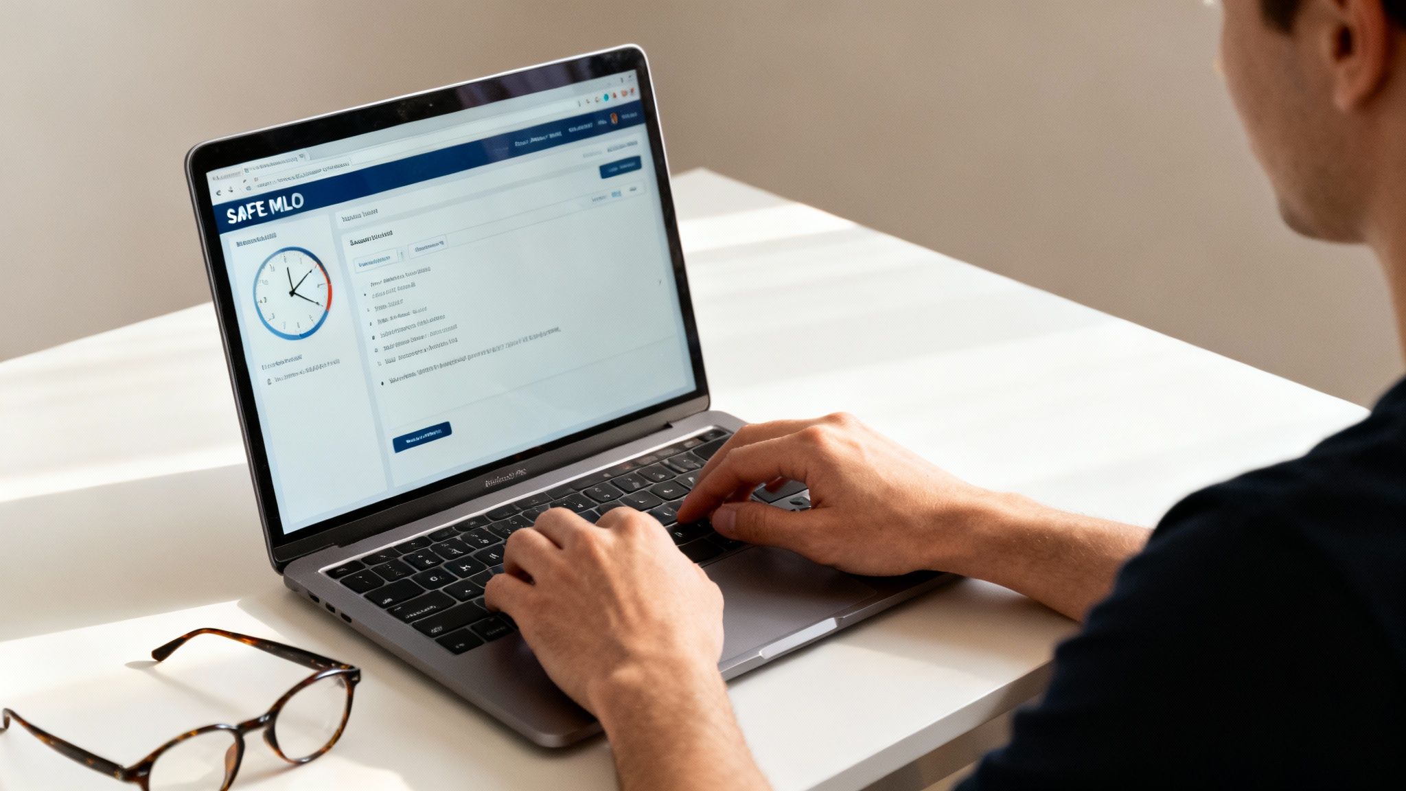 A bright, modern image of a person confidently reviewing study materials for an exam on a tablet.