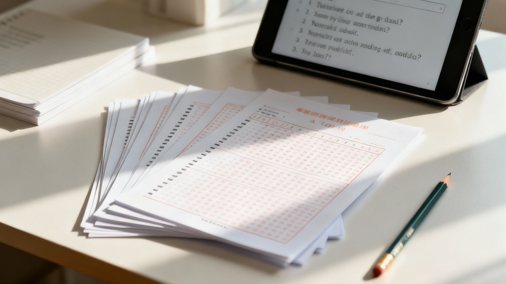 A confident individual reviews study materials on a laptop in a bright, modern setting, ready for their exam.