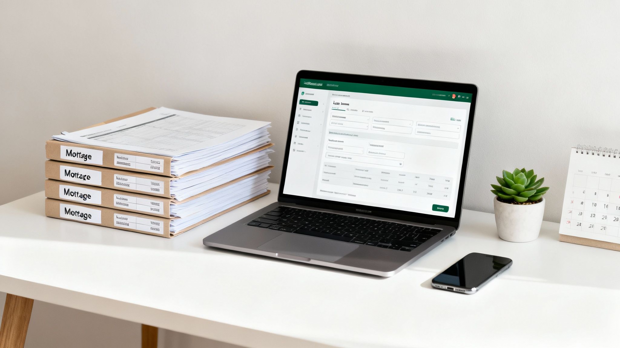A modern, organized desk with a laptop, notebook, and plants, symbolizing a productive workspace for a mortgage loan originator.