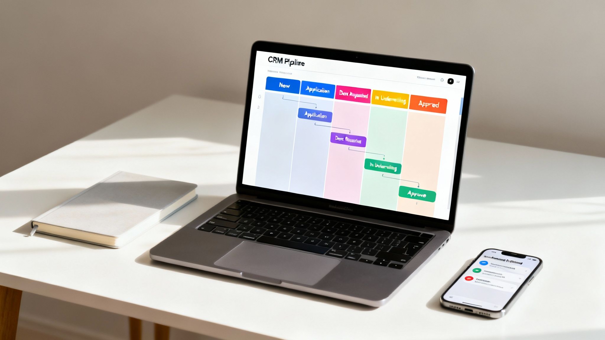 A modern desk setup showing various tech tools like a laptop, tablet, and smartphone, all displaying organizational apps for an MLO's workflow.
