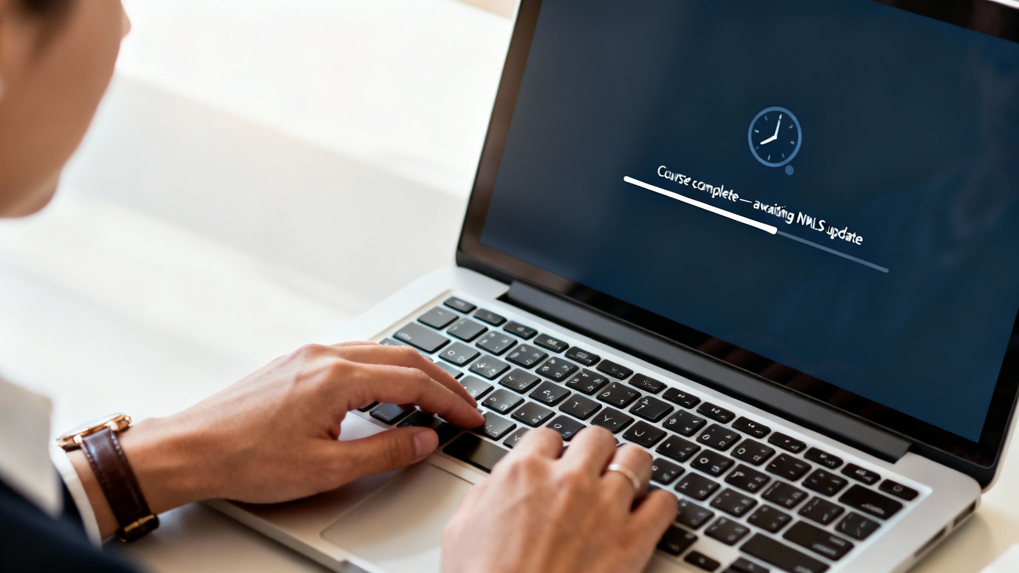 A confident mortgage professional working on a laptop in a modern, bright office, looking relaxed and in control.