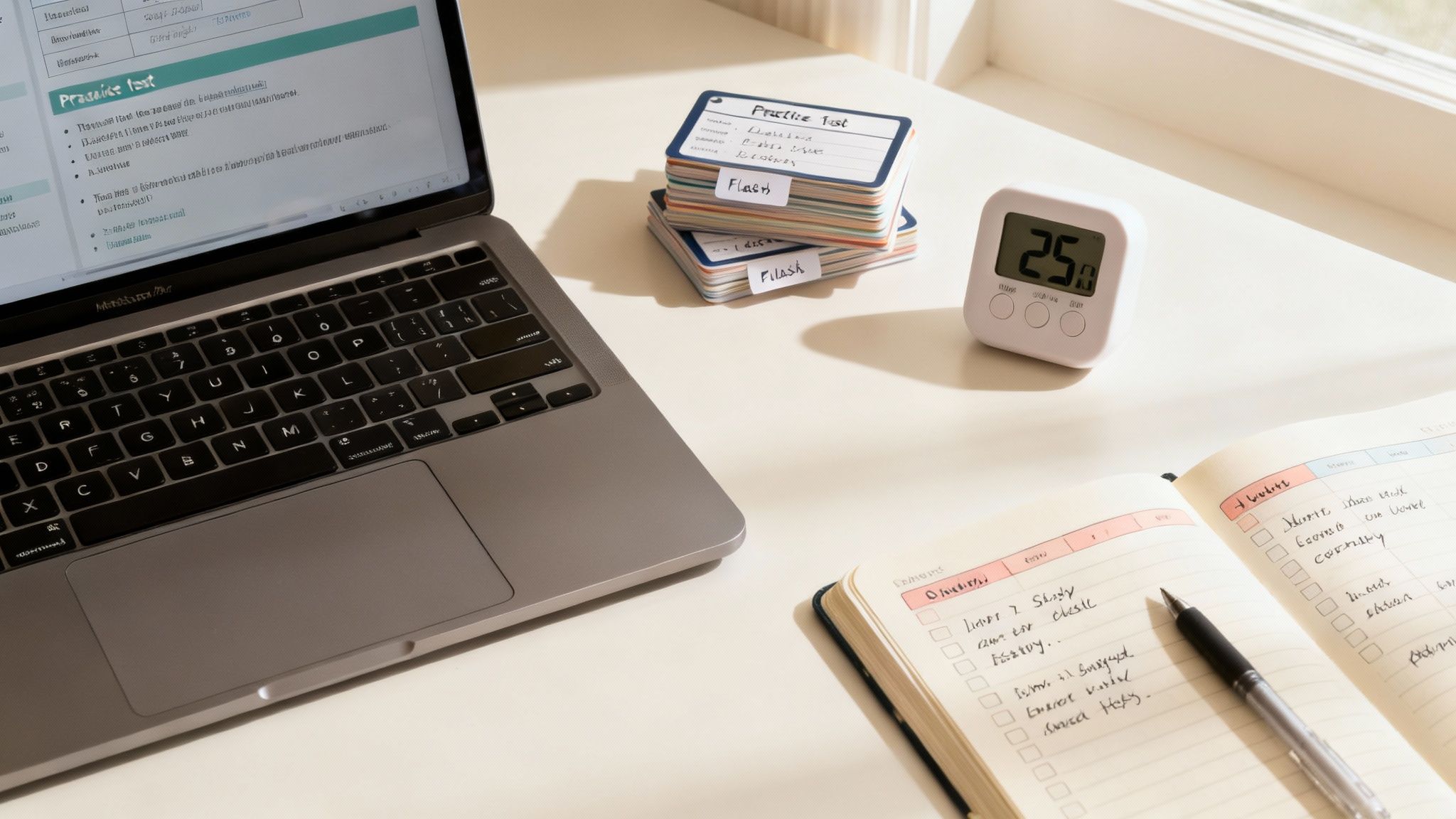 A focused individual using a laptop in a bright, modern home office, effectively studying for their mortgage loan exam.