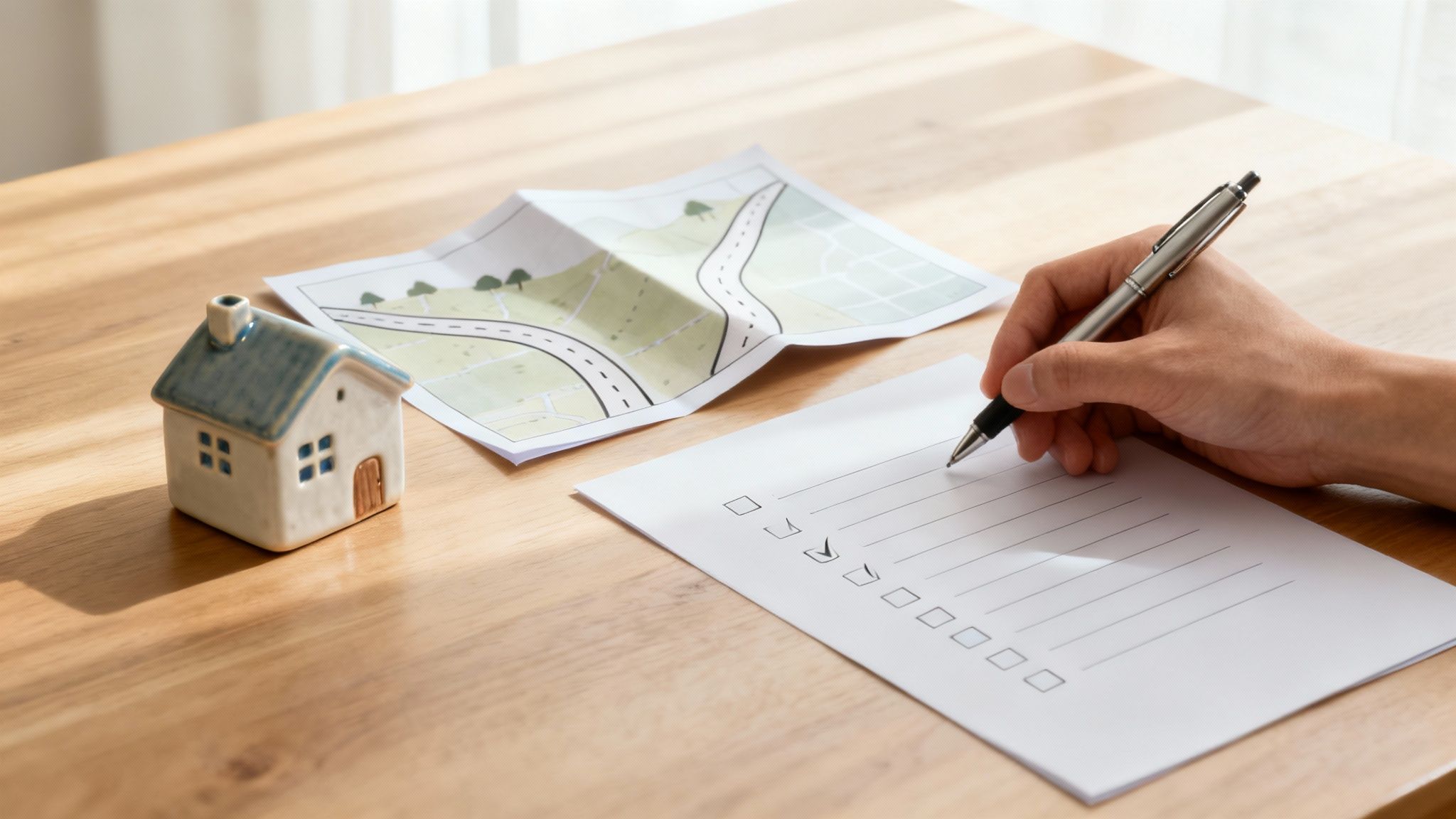 Couple reviewing mortgage documents in a bright, modern living room